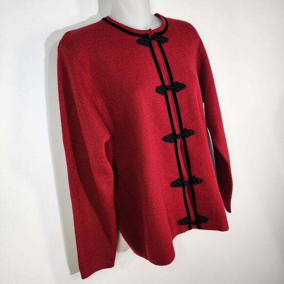 Talbots Cardigan Sweater Medium Red Black Velvet Trim Snap Toggle Merino Wool - Picture 4 of 9